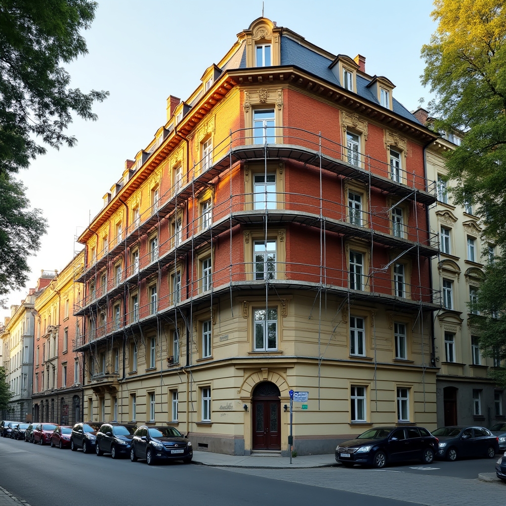 An older Polish apartment building facade undergoing renovation work funded by a municipal subsidy program