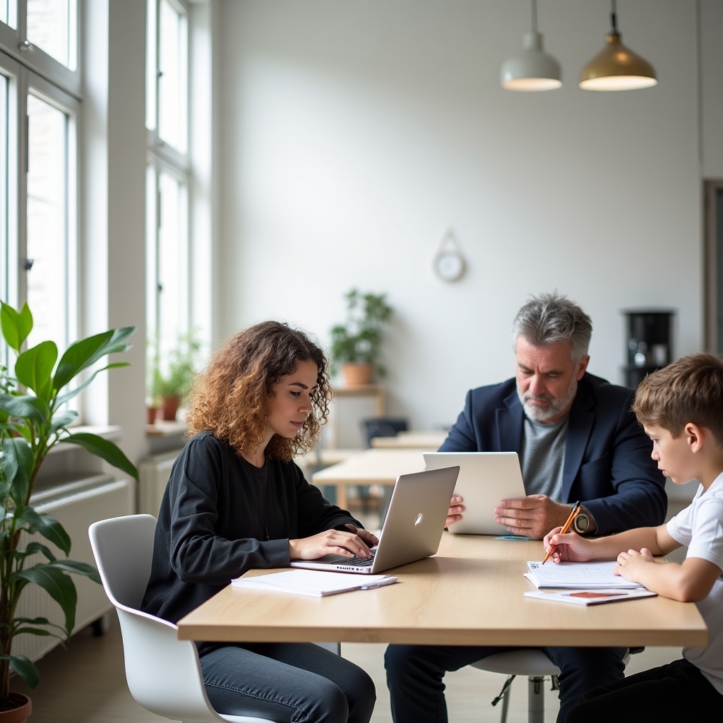 Bright open co-working area at a cultural centre with people working independently