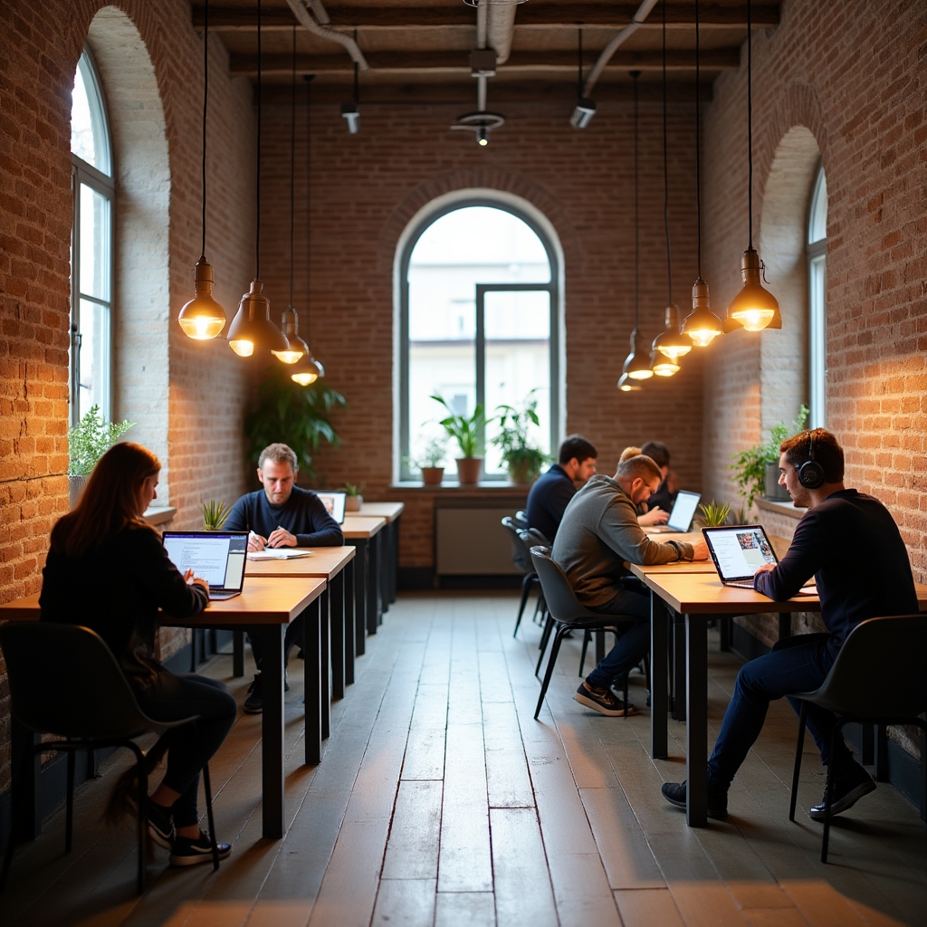 Open desk space at a Łódź municipal cultural centre during free co-working hours