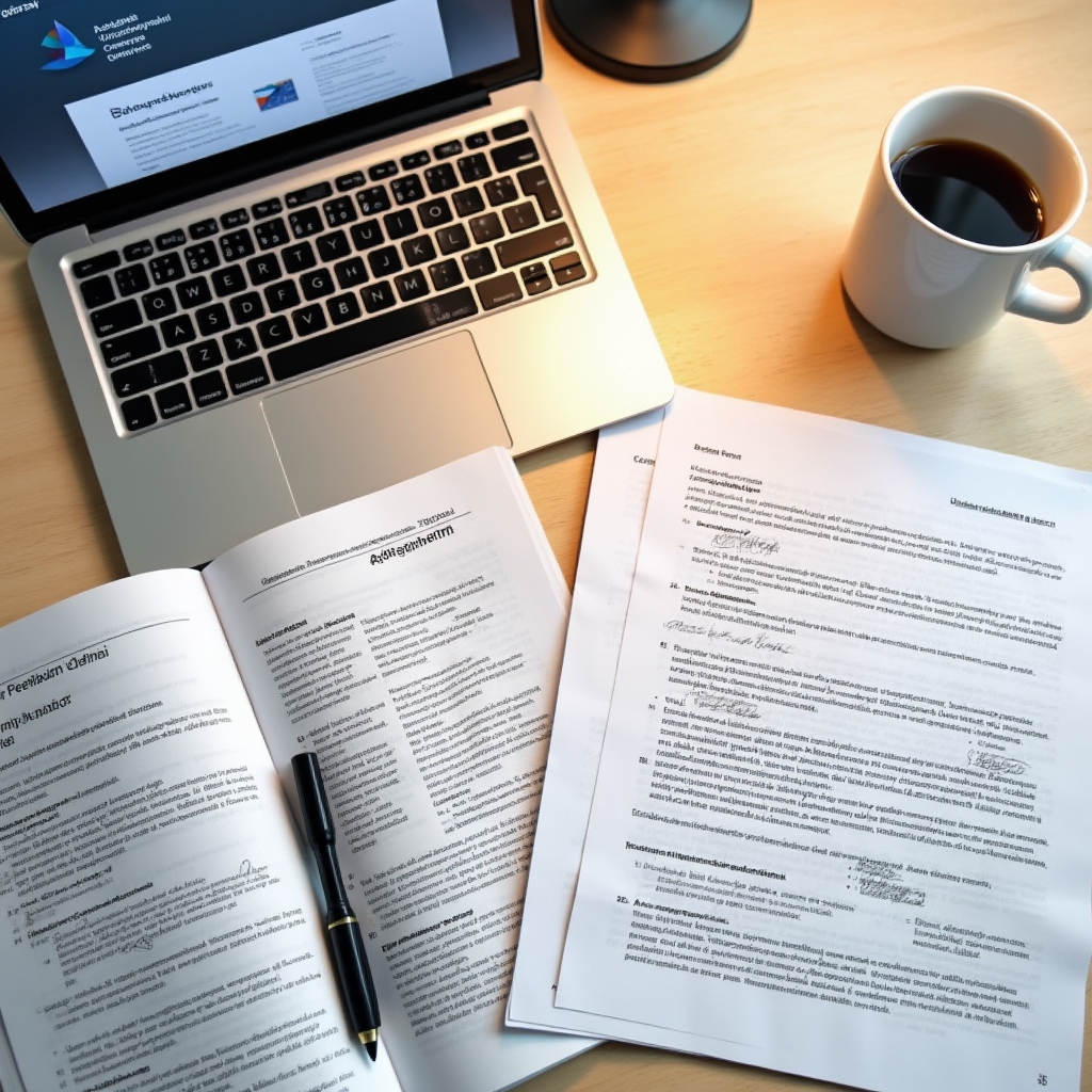A desk with open documents, a laptop showing a government portal, and printed official pages for research